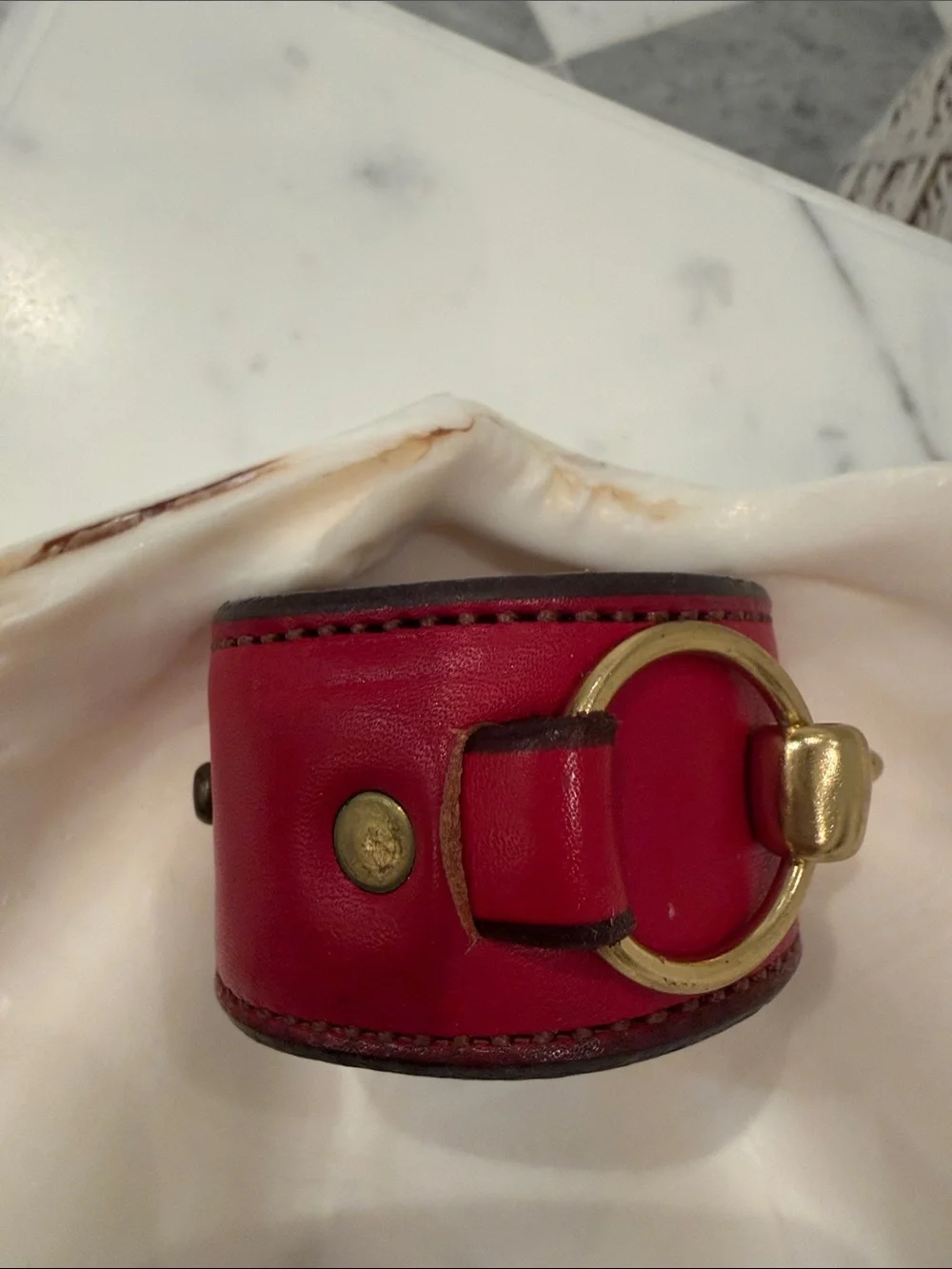 Red Leather Cuff Bracelet with Gold Bit Hardware